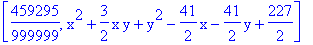 [459295/999999, x^2+3/2*x*y+y^2-41/2*x-41/2*y+227/2]